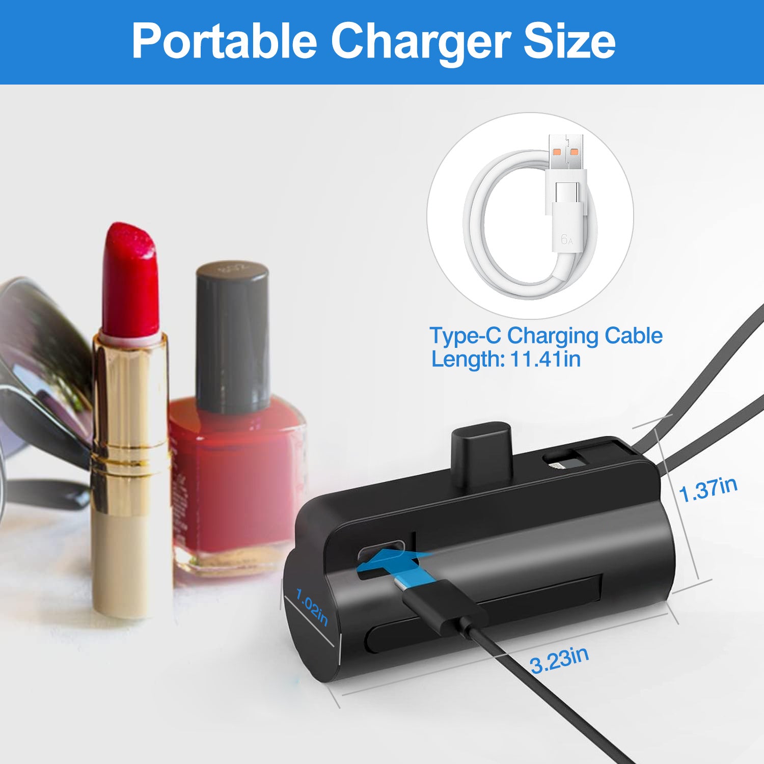 Portable Phone Charger Built-in Type-C IOS Cable Dual Output Power Bank Compact Size Compatible With IOS Phone