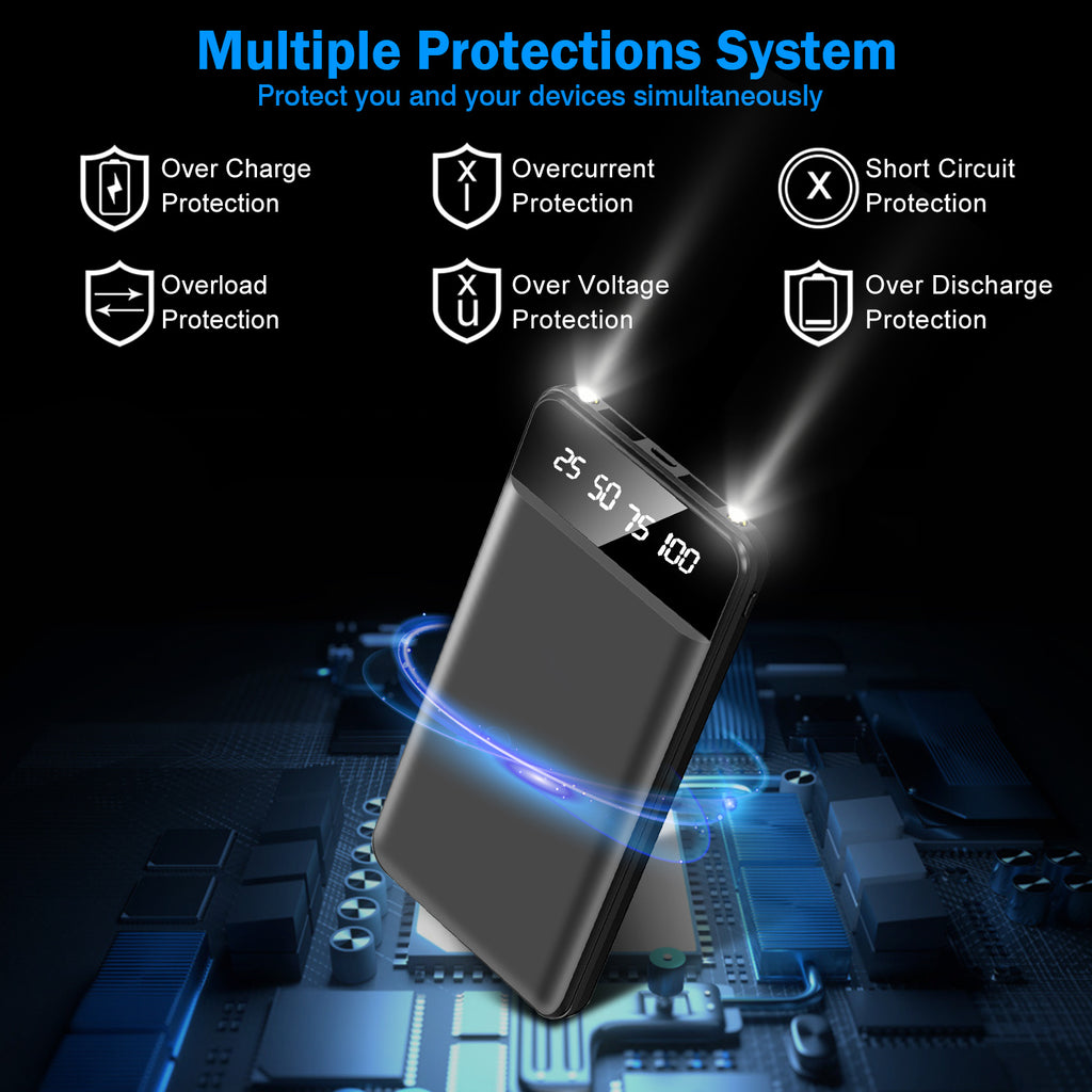 Power Bank Portable Ultra Slim Charger External Battery Pack With 2 USB Output Ports Charging Cable LED Flashlight Compatible With IOSPhone 15 And More