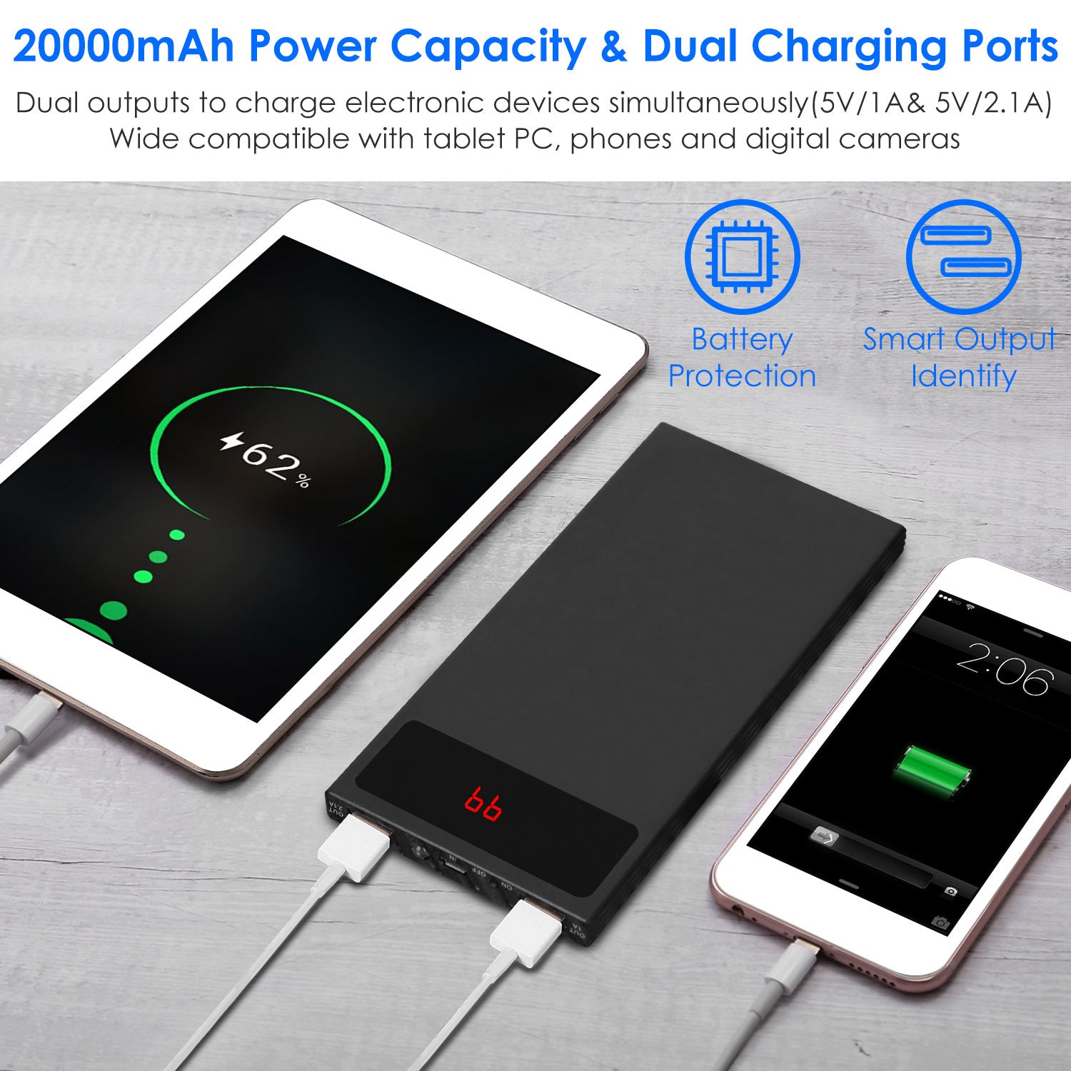 Power Bank Ultra-thin Phone Charger Dual USB Port Flashlight Battery Remain Display