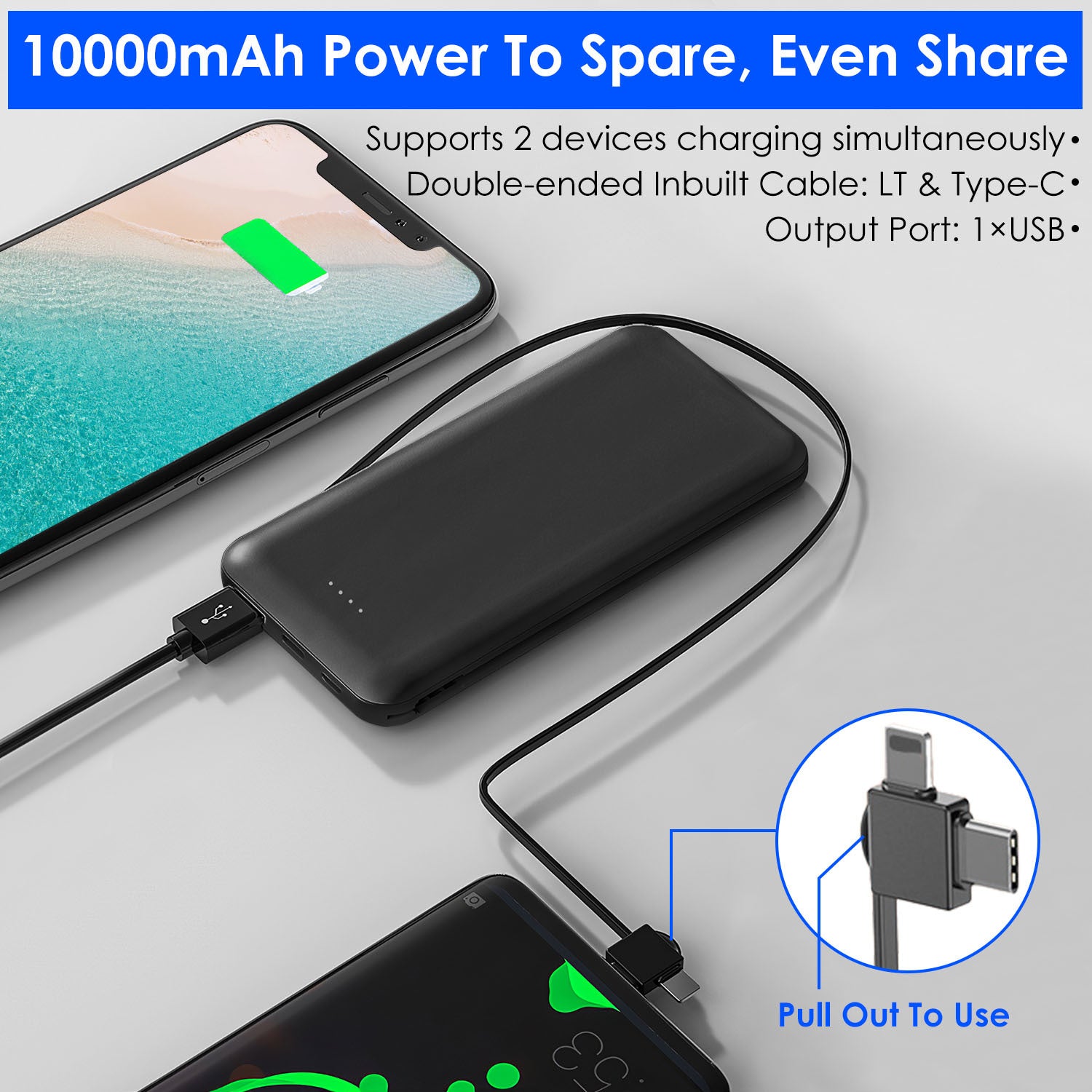 Power Bank Portable Phone Charger External Battery Pack With LT And Type C Double Ended Cable Type C USB Cable Fit For IOSPhone 14 Android And More