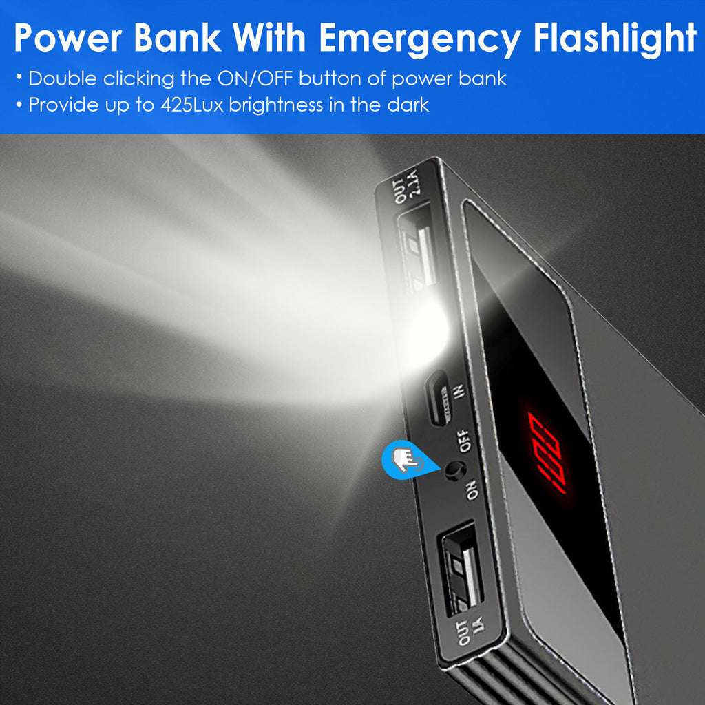 Power Bank Ultra-thin Phone Charger Dual USB Port Flashlight Battery Remain Display