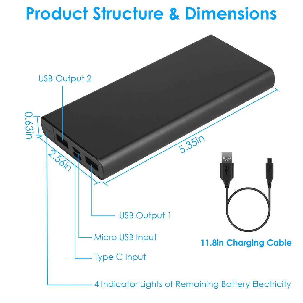 20000mAh Power Bank Portable External Battery Pack Phone Charger With Dual USB Output Type C Micro USB Input